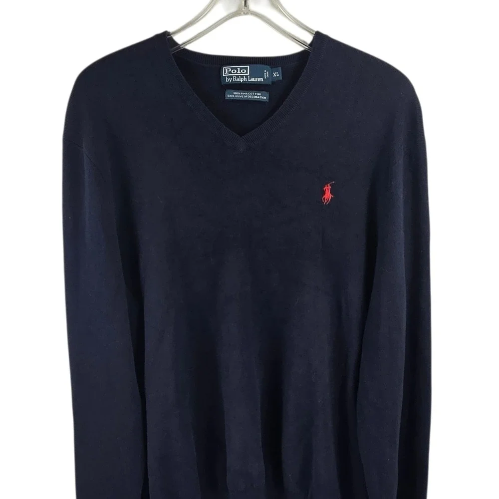 Polo Ralph Lauren Sweater V-Neck Pima Cotton Navy Blue XL Mens Pullover Pony Y2K